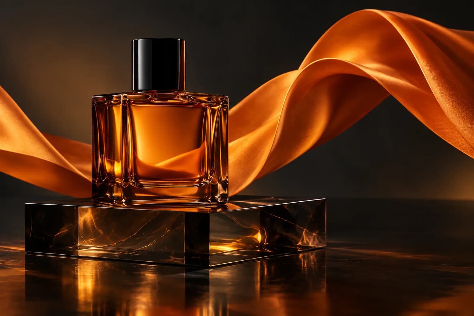 Muestra de contenido con IA: frasco ámbar entre pliegues de tela naranja