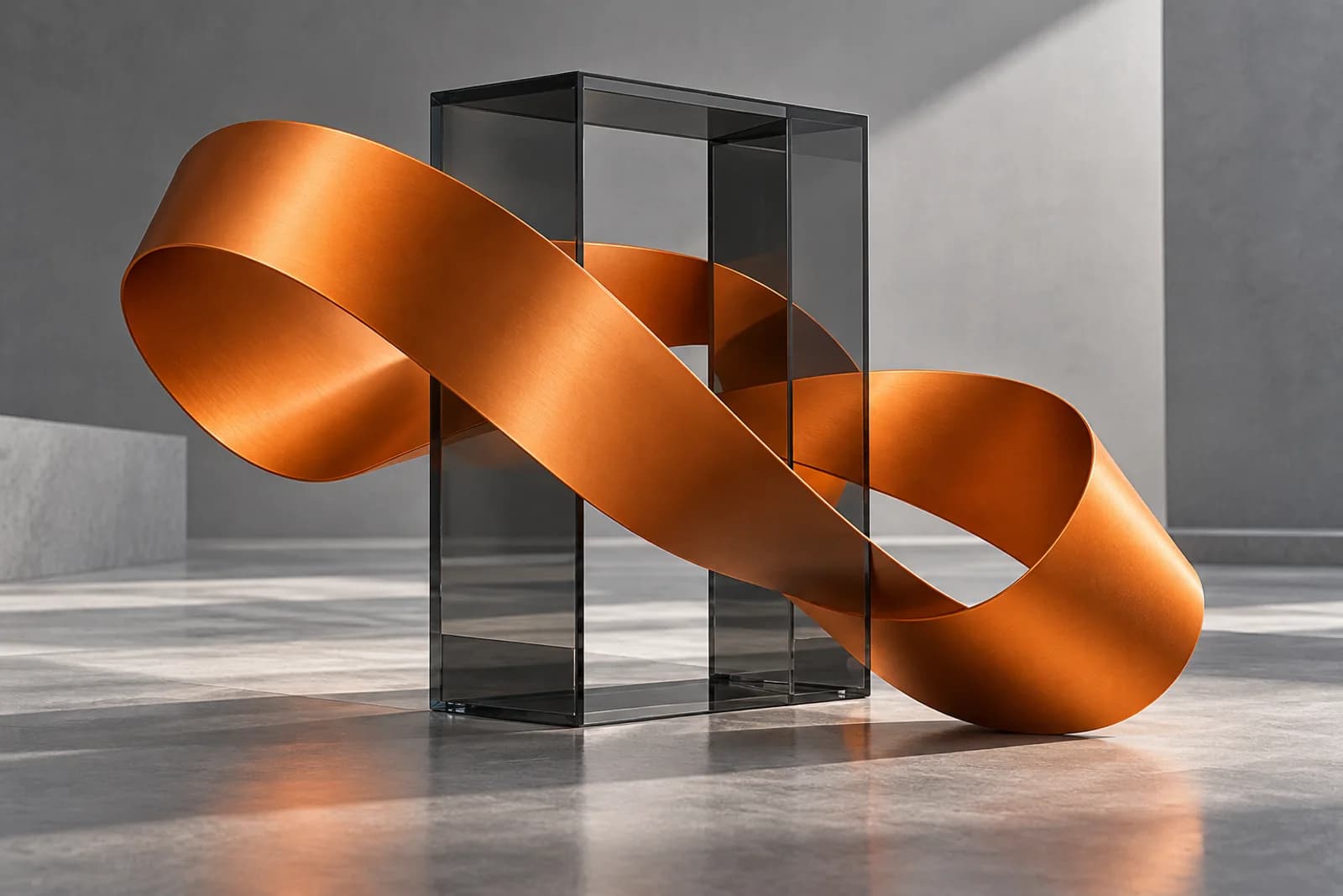 Una cinta naranja atraviesa una estructura de vidrio, composición visual generada